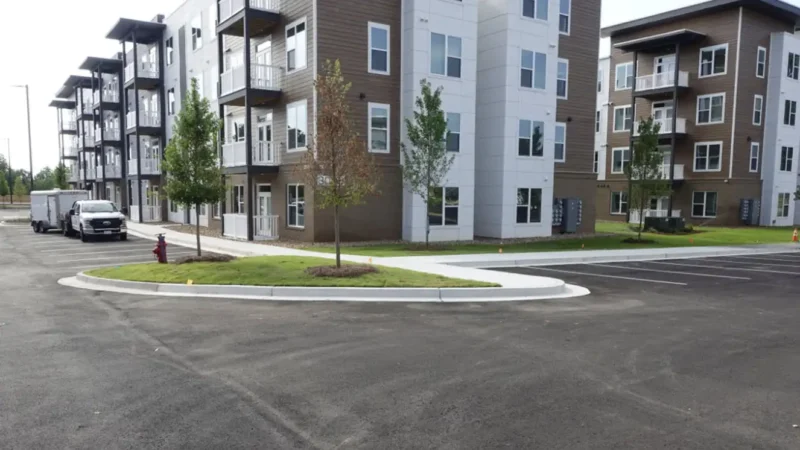 Photo of a parking lot pavement project at an apartment complex.