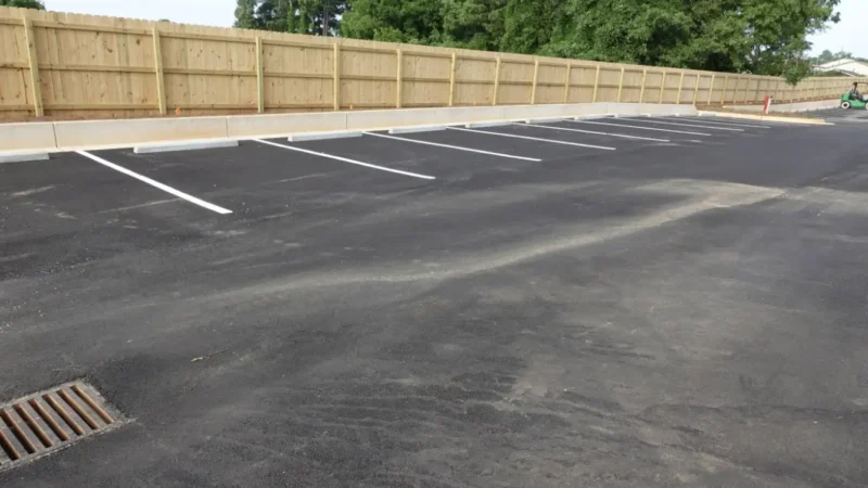 Photo of a parking lot pavement with fresh striping lines for parking spots. A fence and a tree are in the background.