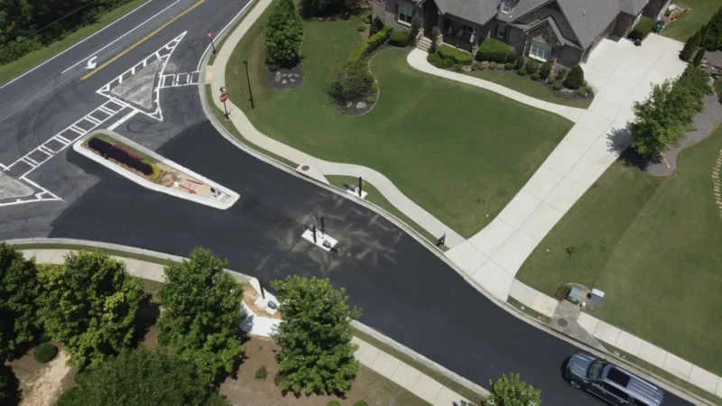 Aerial view of a neighborhood where the streets were milled and repaved. You can see the fresh, smooth blacktop in the photo. There is a house pictured and a car driving down the road.