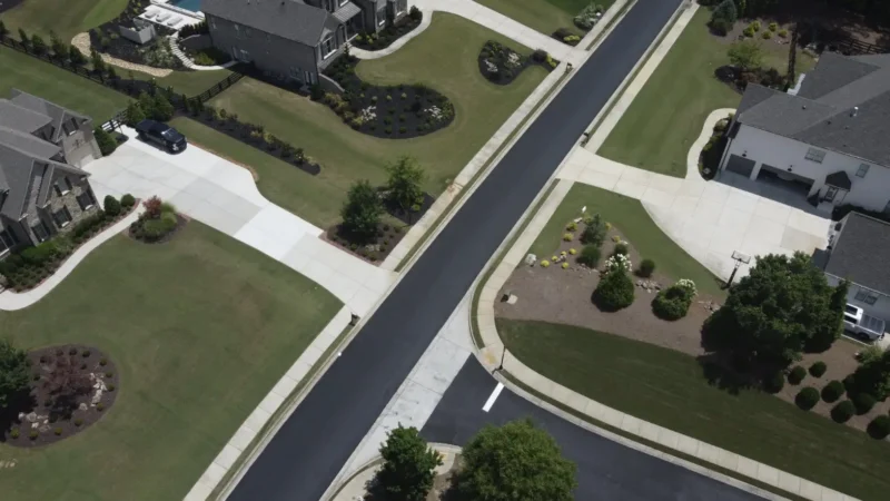 Aerial view of a neighborhood where the streets were milled and repaved. You can see the fresh, smooth blacktop in the photo, as well as multiple houses.